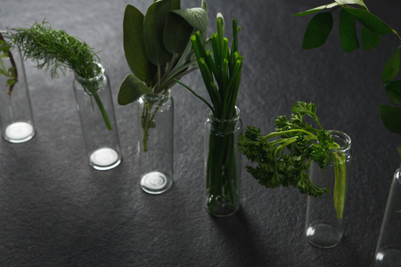 Various herbs in bottle on black backgroundの写真素材