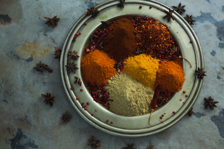 Overhead of spices powder in plateの写真素材