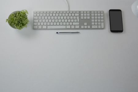 Overhead of keyboard, pen, mobile phone and pot plant on white background