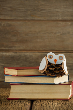 Close-up of book stack and christmas decoration on wooden plankの写真素材