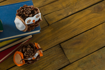 Overhead view of owl decoration made with pine cones on book at tableの写真素材