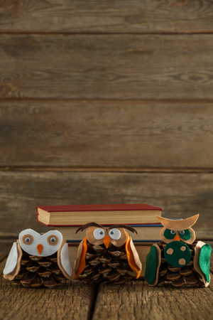 Owl decorated with pine cone and book stack on wooden table during christmas timeの写真素材