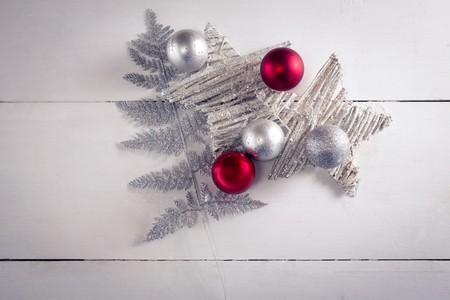 Overhead view of christmas decoration on wooden tableの写真素材