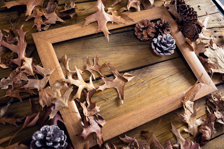 Close-up of frame and dry leaves on wooden plank