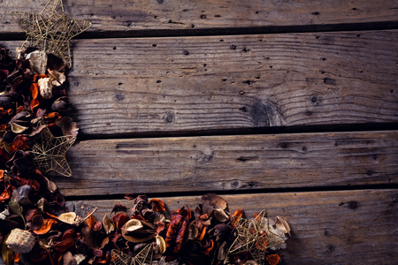 Overhead of christmas decoration on wooden plankの写真素材