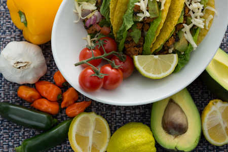 Various mexican food ingredients on wooden tableの写真素材