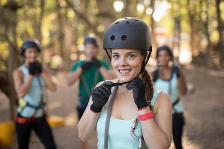 Portrait of trainee wearing protective helmetの写真素材