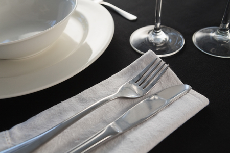 Close-up of black theme table settingの写真素材