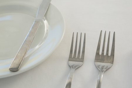 Close-up of fork and butter knife with plateの写真素材
