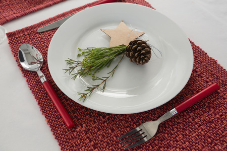 Close-up of overhead view of elegant table setting