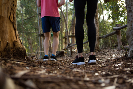 Legs of man and woman standing in forest on a sunny dayの写真素材