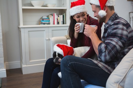 Couple having coffee with their pet dog in living room at homeの写真素材