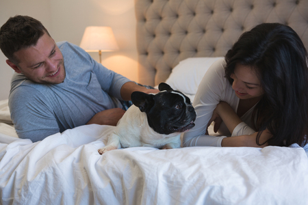 Couple playing with their pet dog in bedroom at homeの写真素材