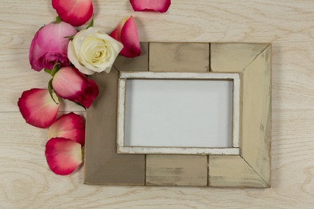 Close-up of empty photo frame with rose flower and petalsの写真素材