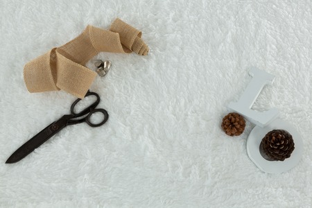 Overhead of textile, scissors and pine cone on white backgroundの写真素材
