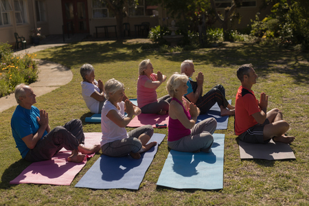 Side view of trainer training senior people in performing yoga on yoga mat at parkの写真素材