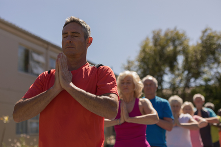 Low view of group of concentrated active senior people performing yoga in the parkの写真素材