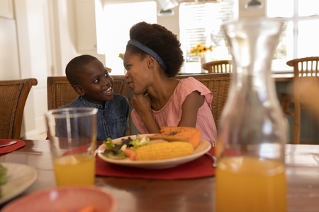 Front view of  African American siblings interacting with each other while sitting at the dining table at homeの写真素材