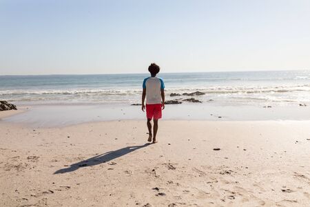 Rear view of African-american man walking at beach on a sunny day