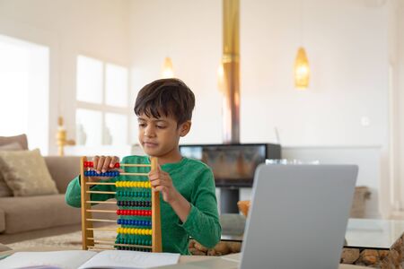 Front view of African american boy learning mathematics with abacus in a comfortable home