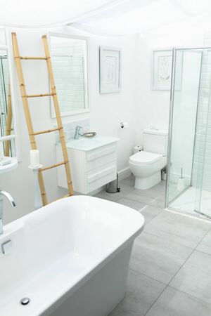 Side view of white modern bathroom