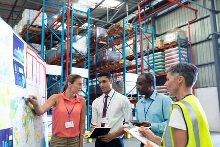 Front view of diverse warehouse staffs discussing over whiteboard in warehouse. This is a freight...