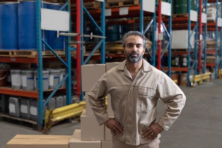 Portrait of male staff standing with hands on hip in warehouse. This is a freight transportation and...