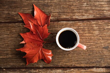 Autumn flat lay with coffee cup on wooden tableの写真素材