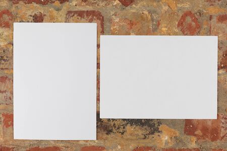 Two blank canvases hanging on a brick wall