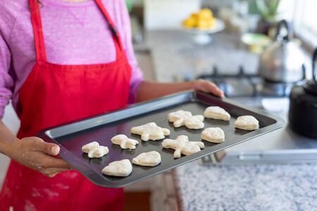 Front view mid section of a mixed woman in a kitchen at Christmas, holding a tray of cookies