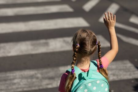 High angle rear view of a Caucasian schoolgirl with plaits wearing a backpack, waving from one side of a pedestrian crossing on her way to elementary school on a sunny dayの写真素材