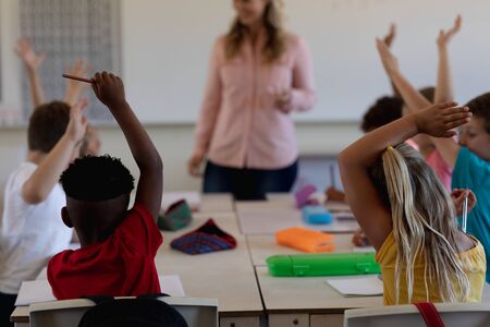 Rear view of a diverse group of schoolchildren sitting at tables in an elementary school classroom and raising their hands to answer a Caucasian female teacher with long blonde hair, standing by the whiteboard, standing in the background, focus on the foregroundの写真素材