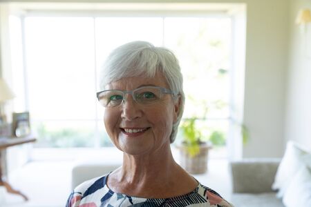 Portrait of a happy senior Caucasian woman with short grey hair and wearing glasses smiling to...