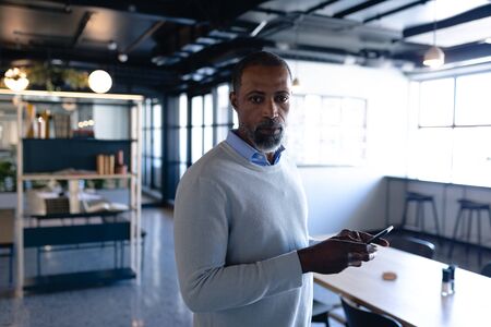 Front view of an African American businessman working in the modern office, standing by a desk,...