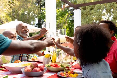Senior African American couple and their family spending time together in the garden on a sunny day, sitting by a table and making a toast with lemonade.の写真素材