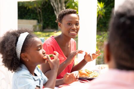 African American woman talking with her mother and daughter during a family lunch in the garden on a sunny day.の写真素材