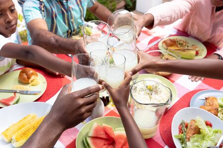 Mid section of a Senior African American couple and their family spending time together in the garden on a sunny day, sitting by a table and making a toast with lemonade.の写真素材