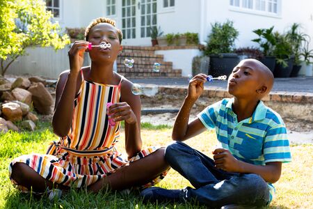 African American woman and her son, spending time together, sitting on a lawn, making soap bubbles....