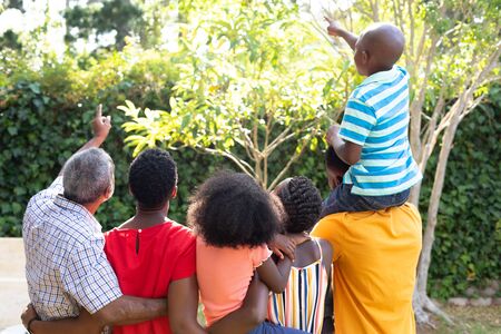 Rear view of a three generation African American family spending time in their garden on a sunny day, walking on a lawn and embracing.の写真素材