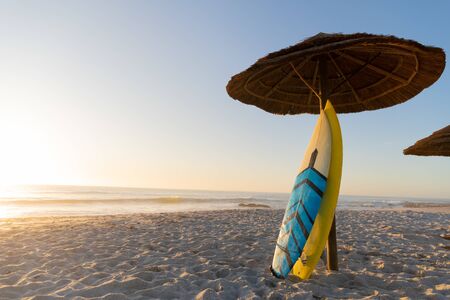 Magnificent view of two surfboards leaning on an umbrella on a beach on a sunny day with blue sea and sky in the backgroundの写真素材