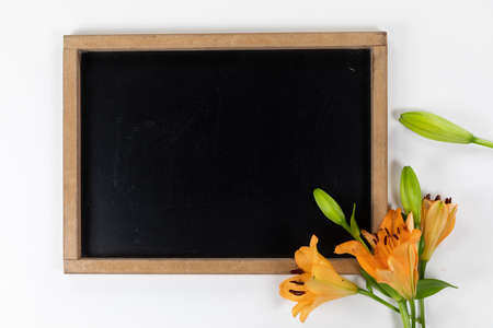 Top view of a composition with a black chalkboard with some orane lily flower, arranged on a plain...
