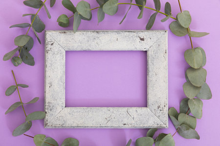 Rustic wooden frame surrounded by green leaves on purple background. flower spring summer nature...
