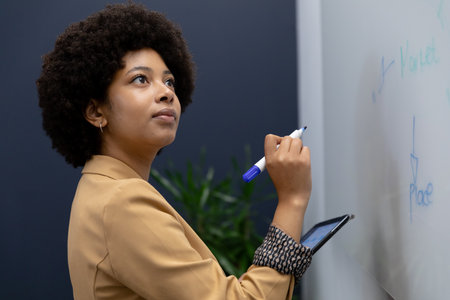 Mixed race businesswoman holding marker by whiteboard in creative office. social distancing in...