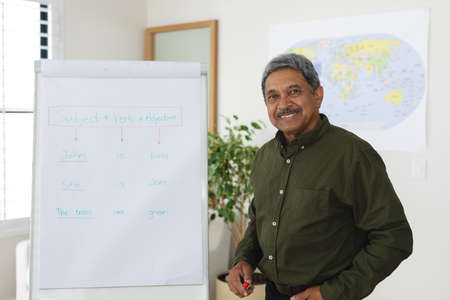Mixed race male english teacher standing at a whiteboard giving an online lesson to camera. education at home in self isolation during quarantine lockdown.の写真素材
