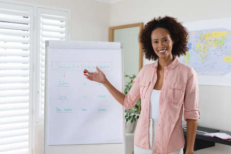Mixed race female english teacher standing at a whiteboard giving an online lesson to camera....