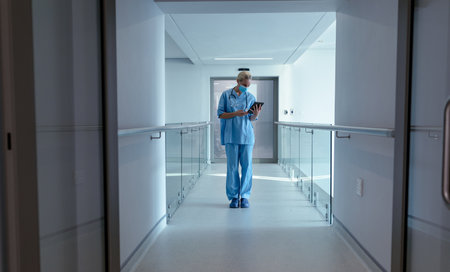 Caucasian female doctor in hospital wearing face mask and scrubs using tablet. medical professional at work and healthの写真素材
