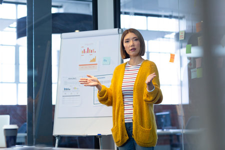 Portrait of asian businesswoman standing in front of whiteboard giving presentation in office. independent creative design business.の写真素材