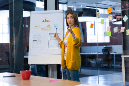 Portrait of asian businesswoman standing in front of whiteboard pointing and giving presentation. independent creative design business.の写真素材