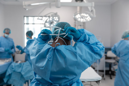 Portrait of mixed race male surgeon in operating theatre putting on face mask. medicine, health and healthcare services during coronavirus covid 19 pandemic.の写真素材