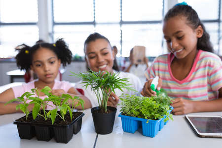 African american female teacher and two girls spraying water on plants in the class at school. school and education conceptの写真素材